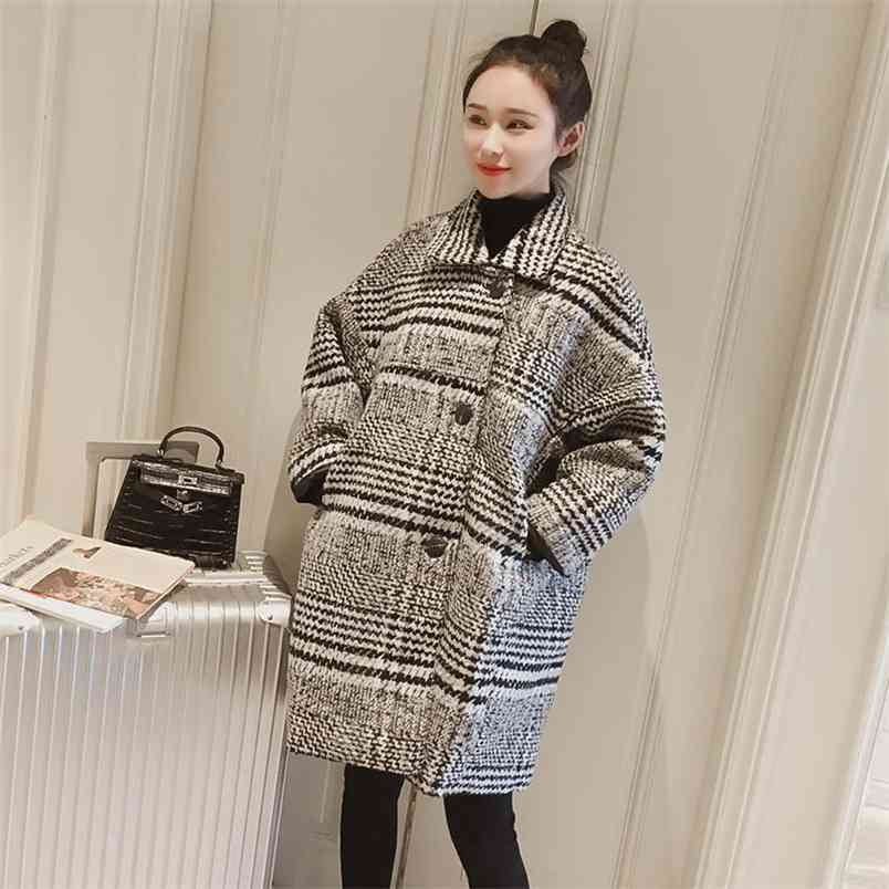 Autumn Winter Korea Fashion Women Plaid Woolen Coats Loose Casual Single Breasted Vintage Overcoat Female Long Coat S294 210512