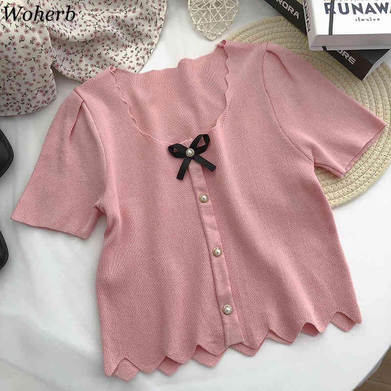 Korean Vintage Knitted Pullover Tops Summer Women Short Sleeve Single Breasted Kntiwear Sweater Elegant Ladies Jumpers 210519