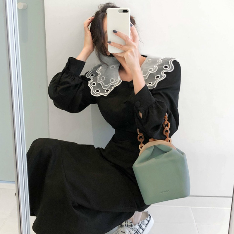 Autumn Korea Style Sailor Collar Full Lantern Sleeve Hollow Out Ankle-length Elastic Dress Women Suit FS363 210427