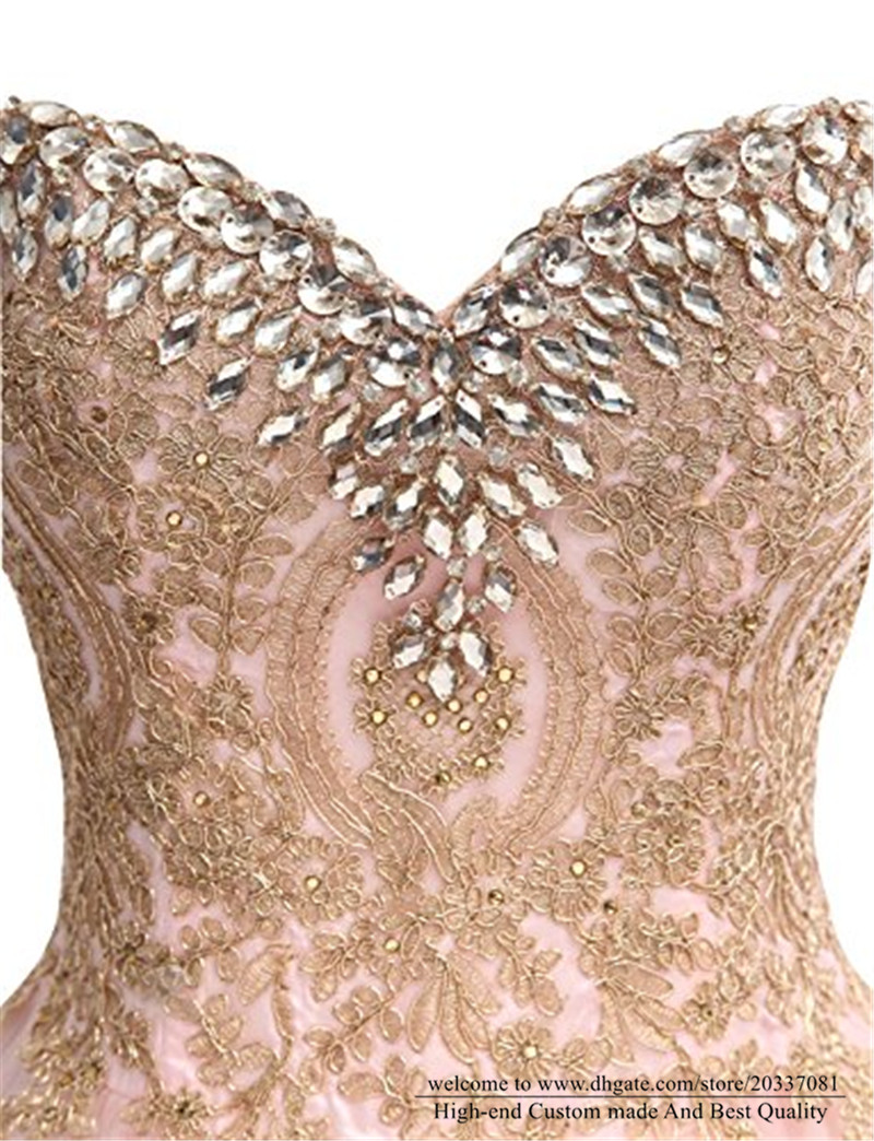 Quinceanera Dresses 2021 Pink Crystal Princess Sweetheart Gold Appliques Party Prom Formal A-Line Lace Up Tulle Vestidos De 15 Anos Q25