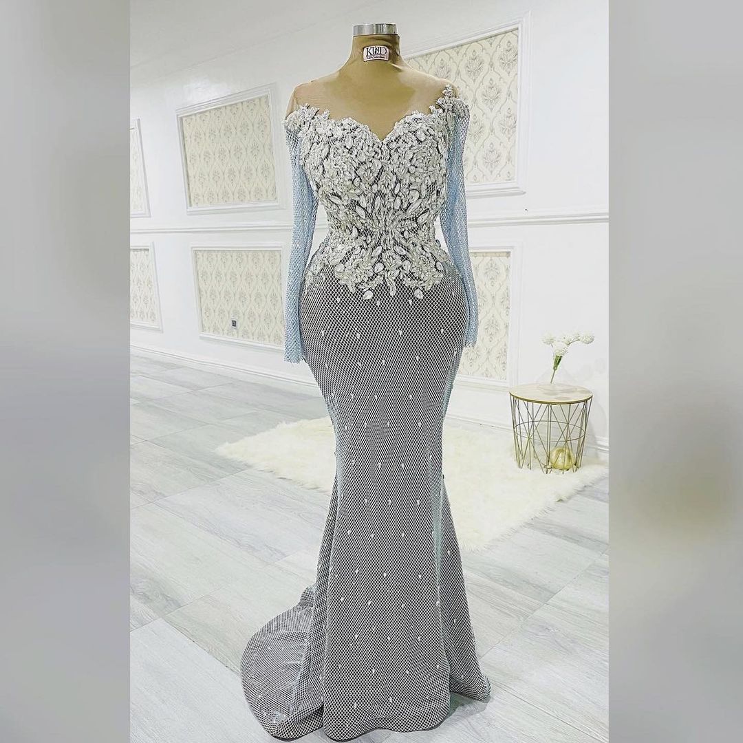 2021 Plus Size Arabic Aso Ebi Silver Mermaid Luxurious Prom Dresses Beaded Crystals Lace Evening Formal Party Second Reception Gowns Dress ZJ445