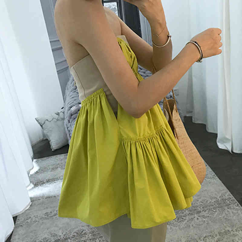 VGH Elegant Ruched Vest For Women Strapless Sleeveless Patchwork Sexy Tank Tops Female Summer Fashionable New Clothing 210421