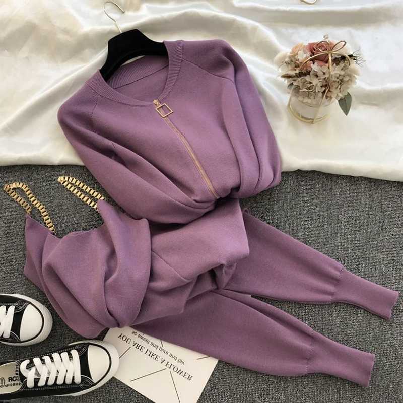 3pcs Sweatsuits For Women Long-sleeve Zip Cardigans Jacket Coat Tank Top Pants Sets Suits Fashion Lounge Set Casual Tracksuits Y0625