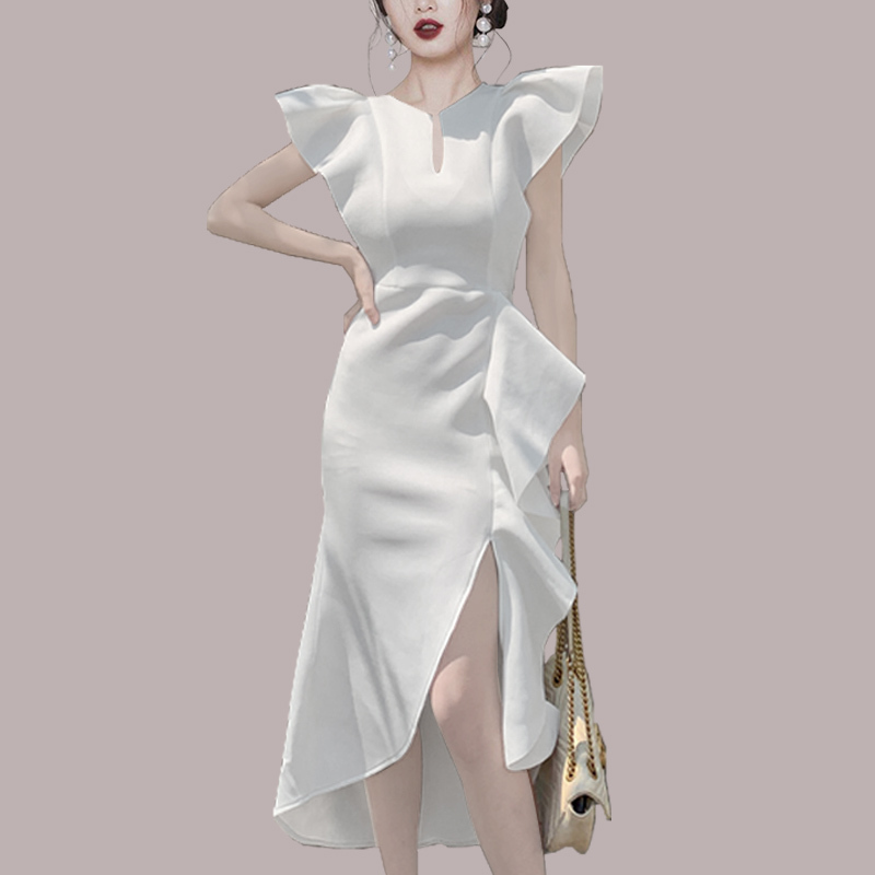 Fashion Women Summer Ruffled Dresses Elegant White Female Irregular Casual Dress Vestidos 210520