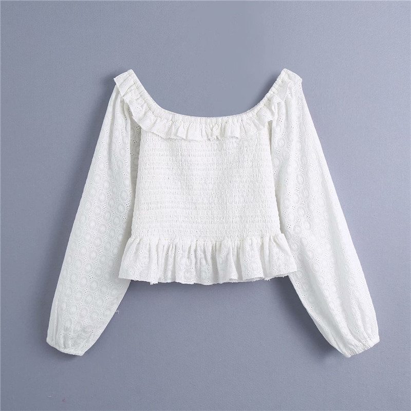 Sweet Women Solid Elastic Short Shirts Fashion Ladies Ruffles Square Collar Blouses Elegant Female Hollow Out Shirt 210430