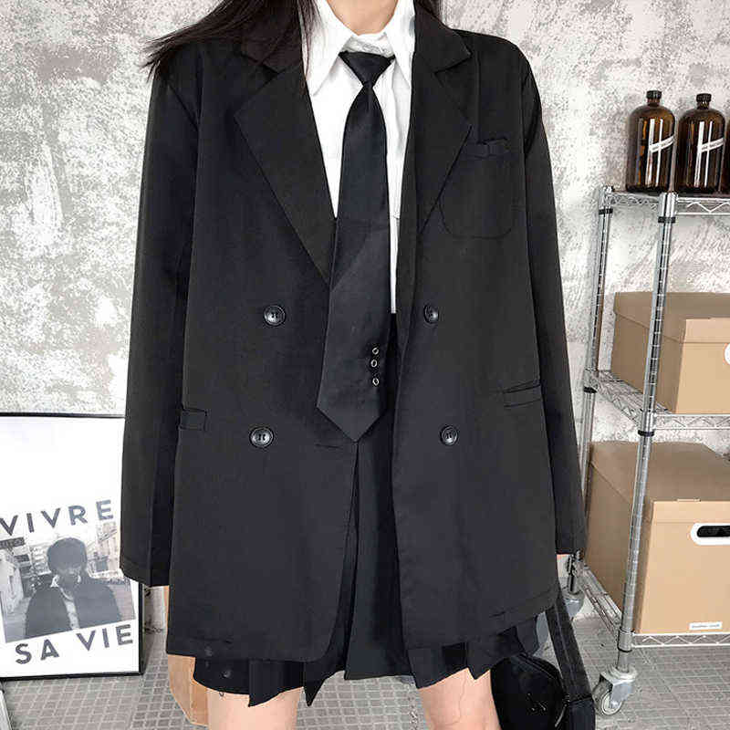 Korean Black Suit Blazers Outerwear Long Sleeve Women Double Breasted Thin Coat Casual Office Spring Clothes 211122