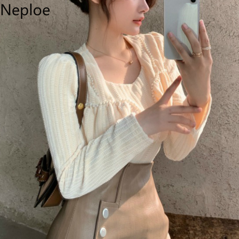 Neploe Sweet Puff Sleeve Knitted Pullovers Fall Woman Clothes Sweaters Square Collar Beading Jumper Tops Pull Femme 4G405 210422