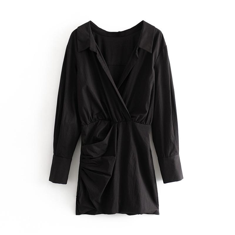 Women Black Cotton Mini Dresses Solid Casual Long Sleeve A Line Turn Down Collar Office Wear Short 210508