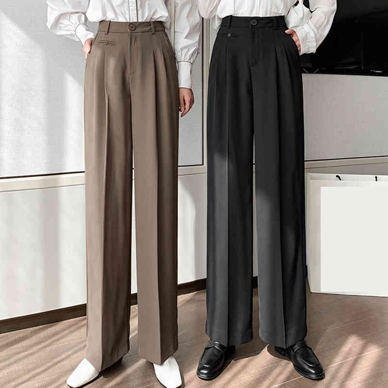 Spring Autumn Button Casual Suit Ladies Loose Straight High Waist Wide Leg Trousers Solid Soft Pants B11322P 210416