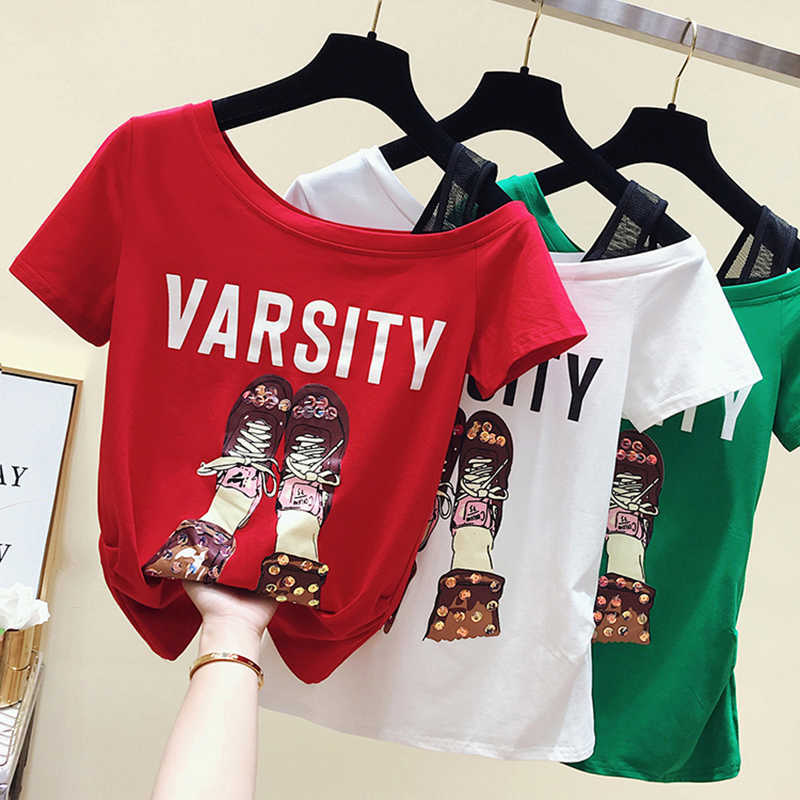 Sequins T Shirt Short Sleeve Summer Tshirt Print Letter Cotton Off Shoulder T- Women Korean Clothes Tee Femme 210615, Red
Sequins T Shirt Short Sleeve Summer Tshirt Print Letter Cotton Off Shoulder T- Women Korean Clothes Tee Femme 210615, Red