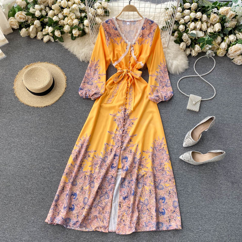 Spring Boho Holiday Long Dress Women Fashion Print Maxi Dress French Lace V Neck Puff Sleeve Button Lace Up Dresses 210521