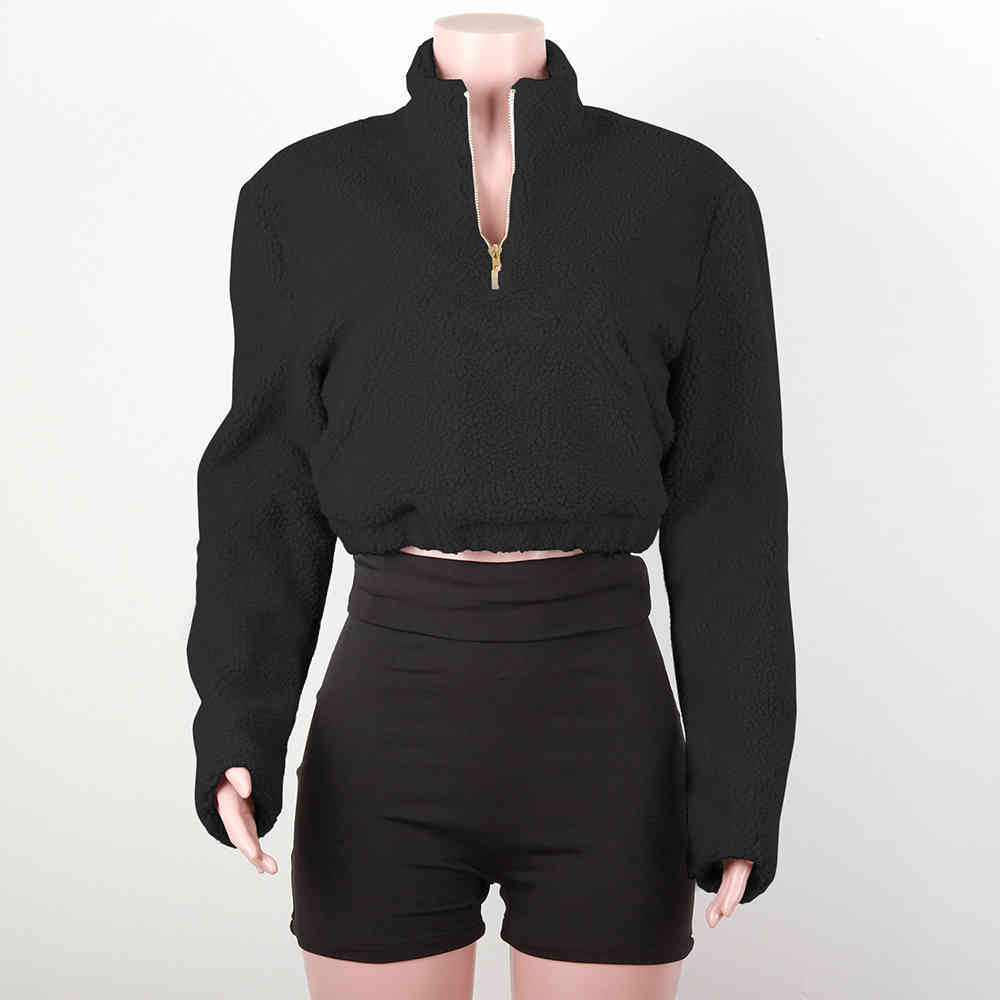 Autumn Winter Long Sleeve Crop Tops Vintage Fleece Zipper Turtleneck Hoodies Fashionable Sweatshirt Casual Short coat 210428