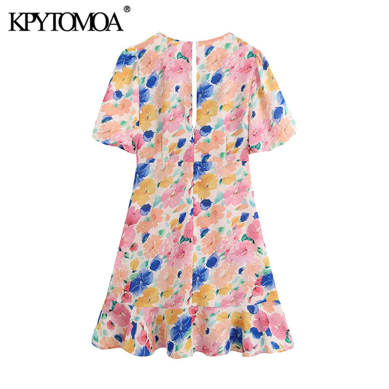 Women Fashion With Knot Floral Print Ruffled Mini Dress Short Sleeve Back Zipper Female Dresses Vestidos 210420
