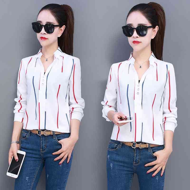 Chiffon Women Blouses Office Lady Striped s Tops and V-Neck Shirts Plus Size XXL Blusas Femininas Elegante 210531