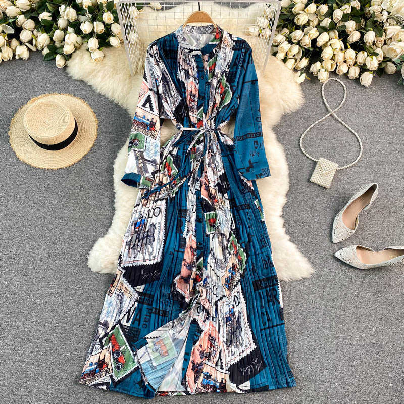 DEAT Women Pleated Printing Dress Stand Neck Long Sleeve Lady Temperament Fashion Spring Autumn 11D1684 210709