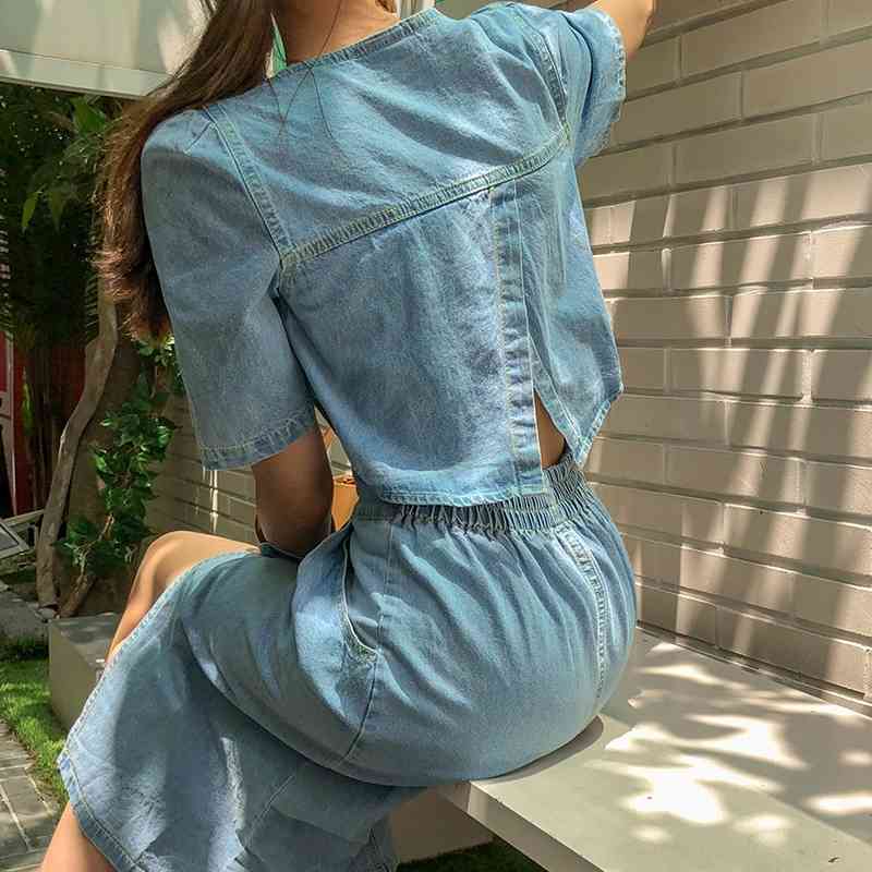 Women Denim Dress Summer Vintage High Elastic Waist Hollow Out Sexy backless Single-breasted Street Fashion Long 210520