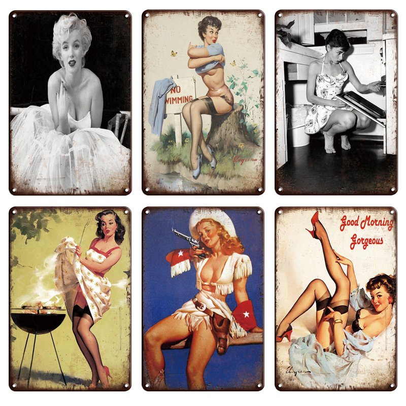 Vintage Sexy Pin-up Girl Shower Poster Metal Painting Tin Sign Monroe Hepburn Metal Art Poster Decor Retro Bathroom Sign