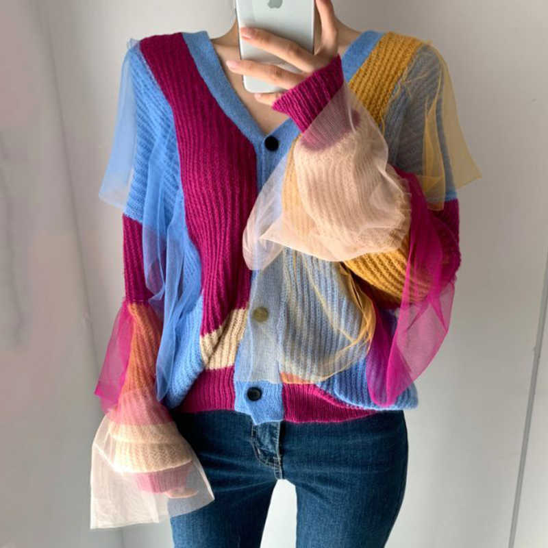 [EWQ] Autumn Women Loose Single Breasted Versatile Long Sleeve Panelled Patchwork Top Knitted Cardigan Sweater 8D731 211018