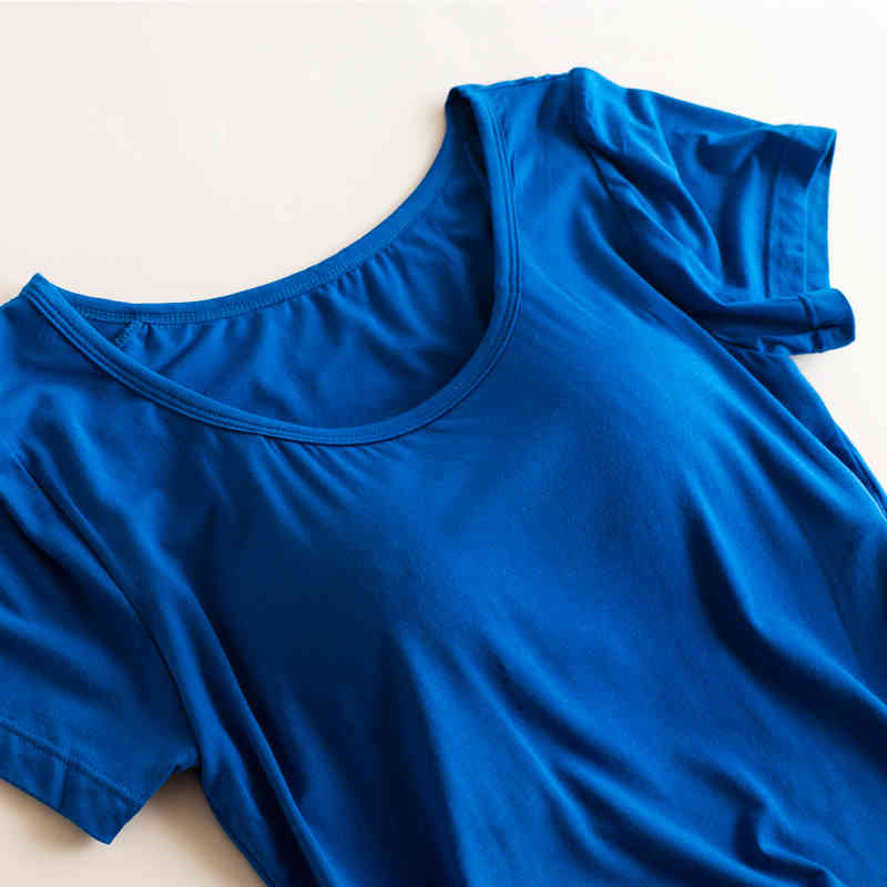 Modal Built in Padded Bra T-shirt Women's Short Sleeve Breathable Clothing Female Bottoming T Shirt Tops Casual Lady Top Tees 210406