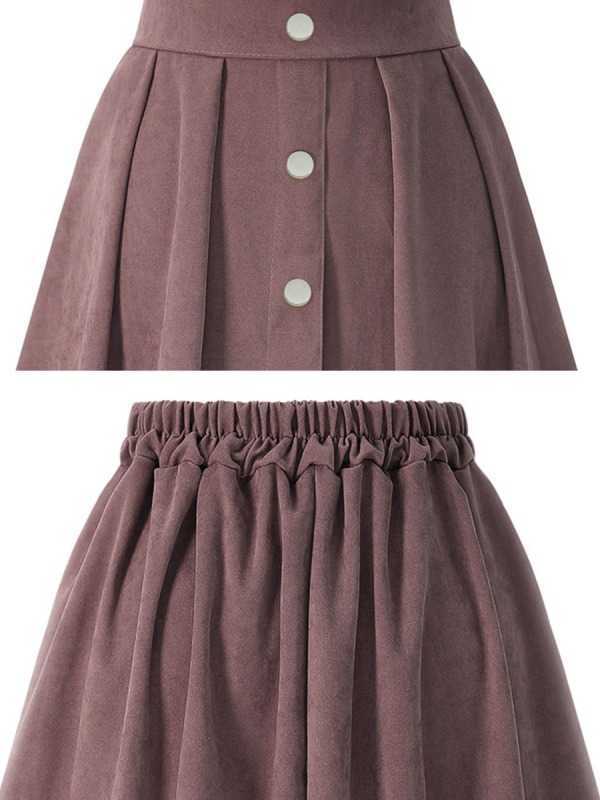 Women Pleated Skirts Button High Waist Elastic Mid Skirt Korean Style Female Fashion Spring Autumn Winter Bottom 210607