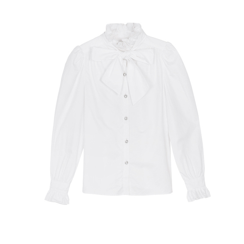 Elegant Patchwork Bowknot Blouse For Women Turtleneck Long Sleeve Causal White Shirt Female Fashion Clothing 210524