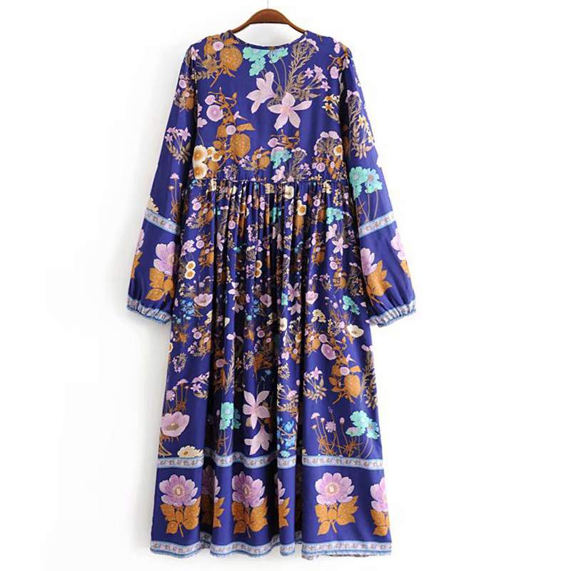 V-neck Vacation Style Waist Tassel Female Dress Solanum Print Long-sleeved Seaside Beach Female Dress Summer 210507