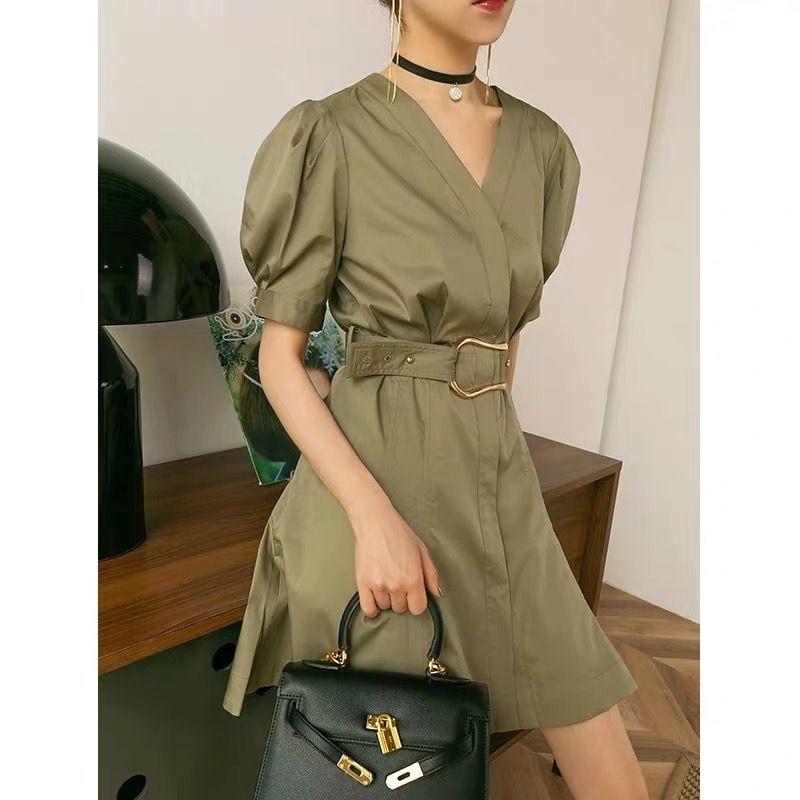 Elegant Women Green V-Neck Dresses Fashion Ladies Pocket Sashes Vestidos Streetwear Female Chic Puff Sleeve Mini Dress 210527