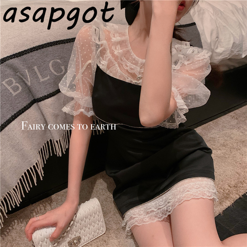 Mini Black Rhinestone Strap Dress Women Spring Style Sexy Retro Slim Temperament Lace Blouse Tops Clothing Korean 210429