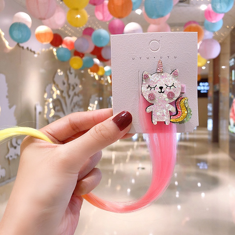 35cm Children Cartoon Rainbow Wig Hairpins Unicorn Hairs Clips Girls Cute Rabbit Cat Animals Headbands For Kids Hair Accessories 0397