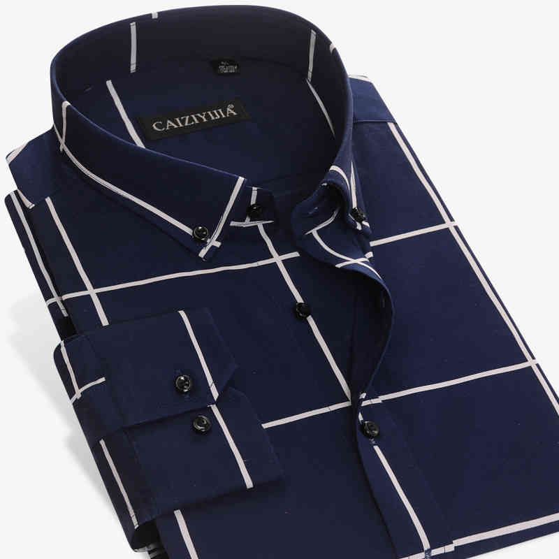 Men's Large Plaid and Check Easy Care Cotton Shirt Long-Sleeve Standard-fit Button Down Collared Casual Gingham Shirts 210410