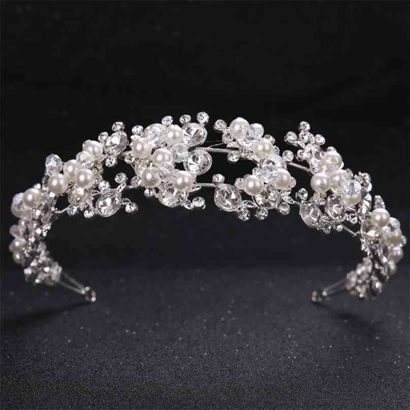 Crystal Pearl Flower Bride Headbands Women Silver Color Princess Wedding Hair Jewelry Tiara bands Accessories Crown 210707