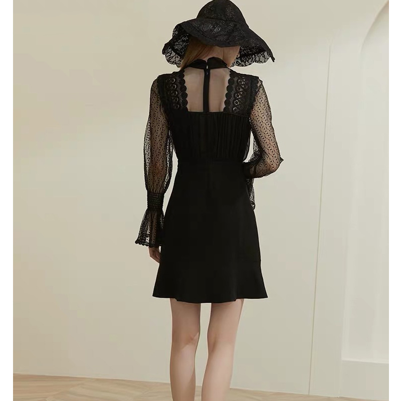 Party Black Bacless Dress Women Bow Collar Lace Poka Dot Patchwork Flare Sleeve Ruffle Robe Mini Vestido 210421