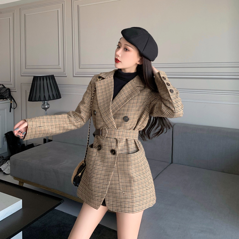 Vintage Double Breasted Office Ladies Plaid Blazer with belt Long Sleeve Houndstooth Suit Coat Jacket Women blazers Female 210519