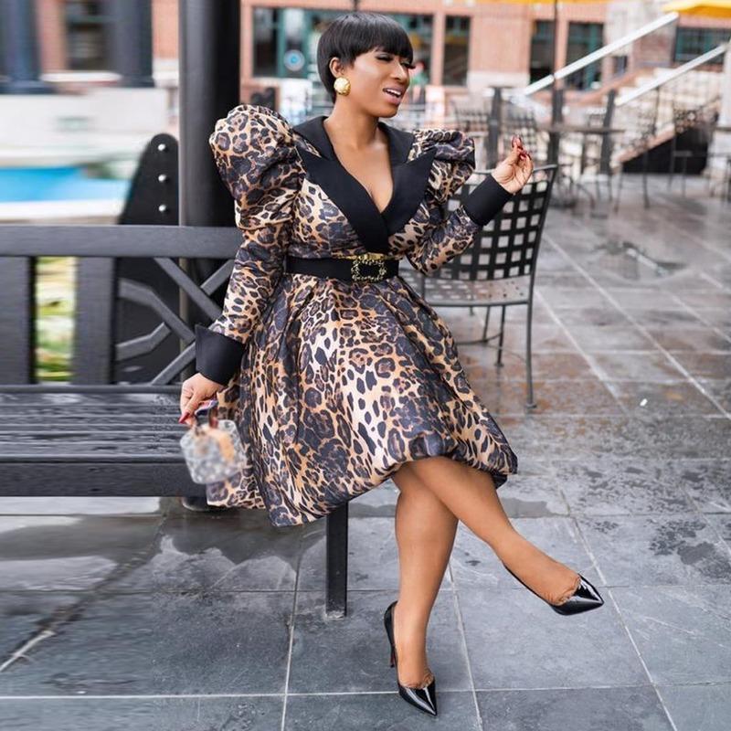 Ethnic Clothing 2021 Autumn Winter V-neck Sexy Dresses For Women African Dashiki Leopard Print Dress Tutu Long Sleeve Elegant Party