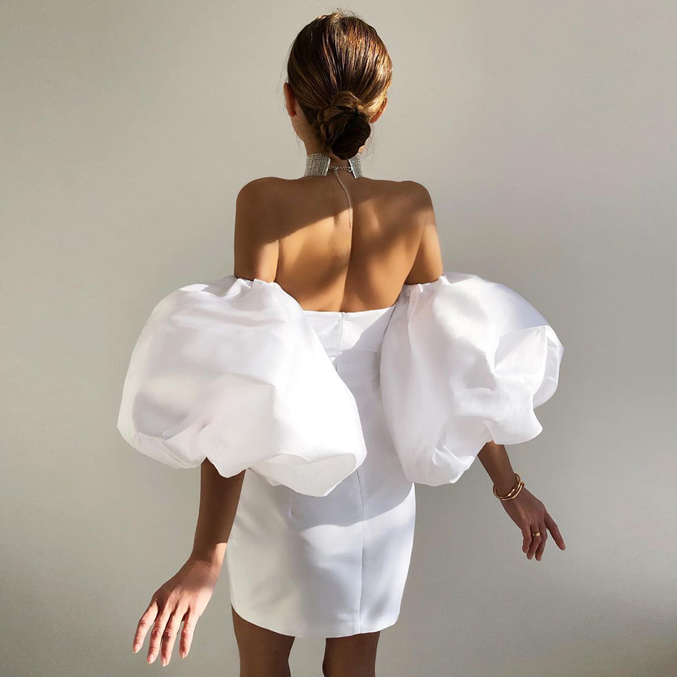 Summer Off Shoulder Mini Dress Vestido Sexy Women Long Puff Sleeve Pink Draped Club Celebrity Runway Party 210423