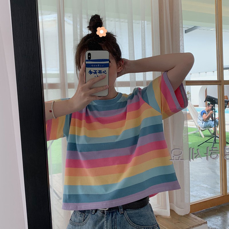 HWLZLTZHT Summer Rainbow Female Tshirt Striped Women's ShortSleeved Loose Shirt Women Cotton TShirt 210406