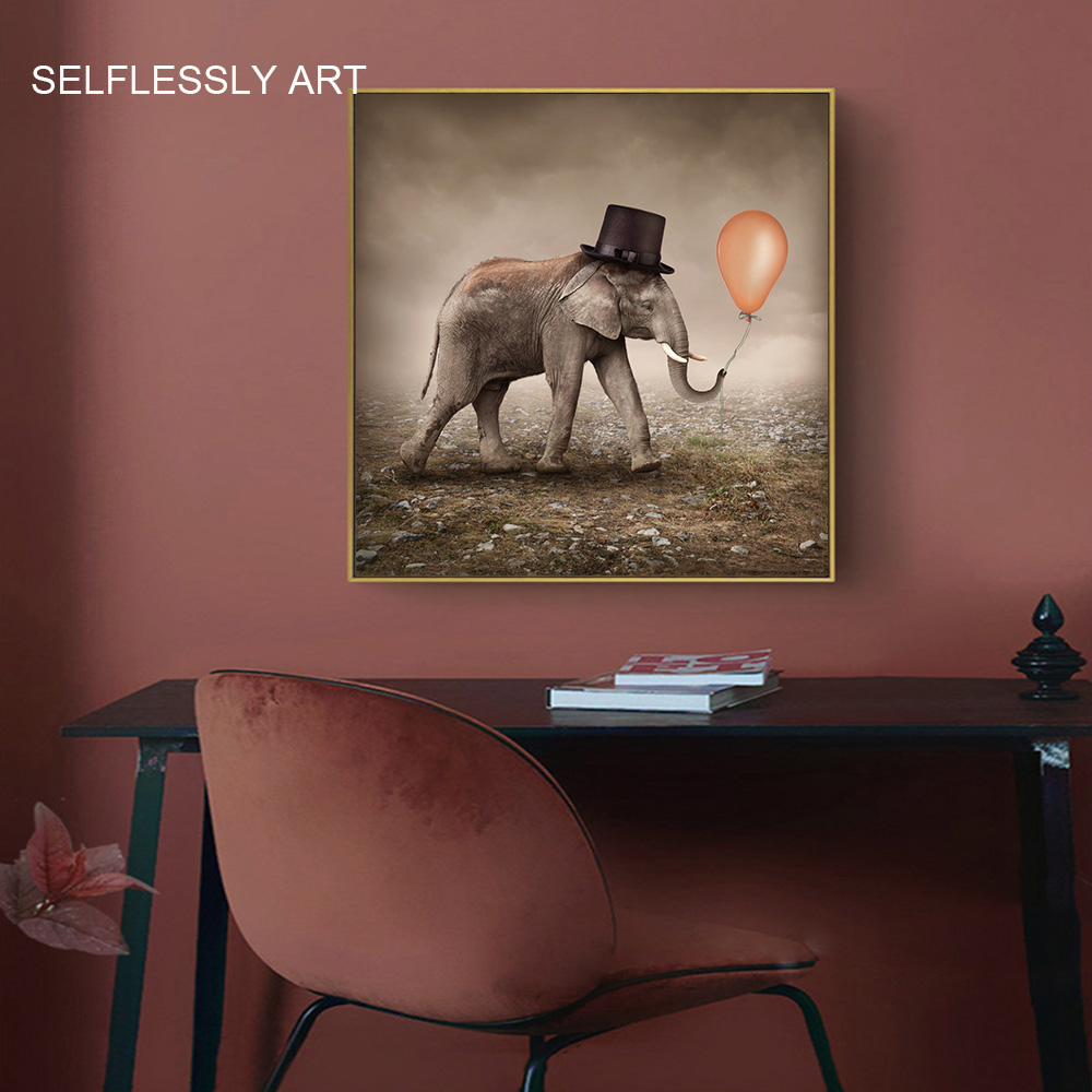 Elephant With Hat Balloon Canvas Painting Wall Pictures For Living Room Animal Art Poster and Print Vintage Pictures Home Decor