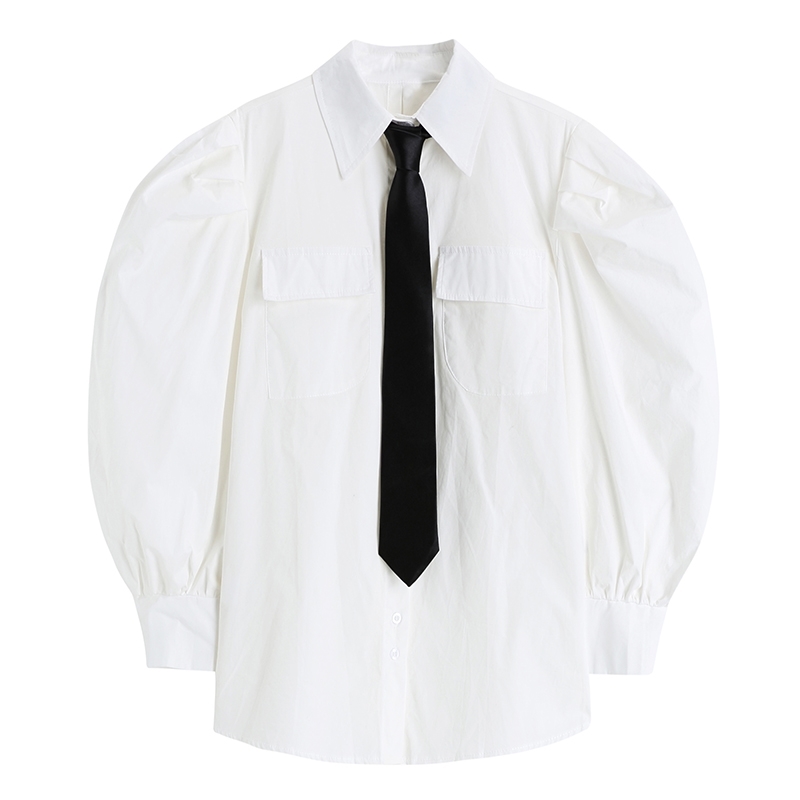 Nomikuma Japanese Puff Sleeve Women Shirt Causal Turn-down Collar Tie Blouse Top Spring New Causal Blusas Mujer 6E761 210427