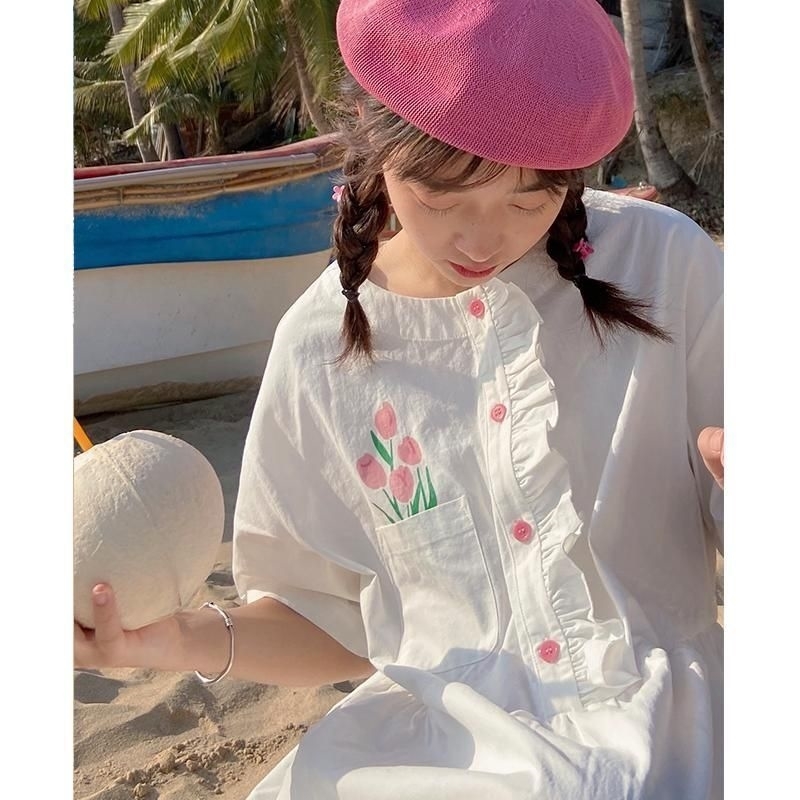 Sweet Floral Pocket Woman Dress Ruffle Patchwork Korean O-neck Short Sleeve Vestidos Summer Dresses 6H248 210603