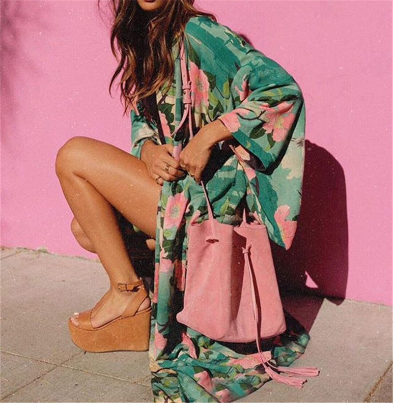 Green Bohemian Printed Bikini Wrap Cover-ups Chinese Style Kimono Cardigan Cotton Tunic Beach Dress Swimwear Cover Up #Q734 210420