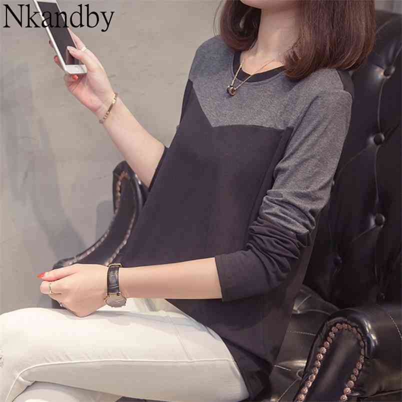 Plus Size Patchwork T-shirts Women Spring Autumn Casual Loose Long Sleeve Tops Tees Korean Style Oversize Ladies Tshirt 210406