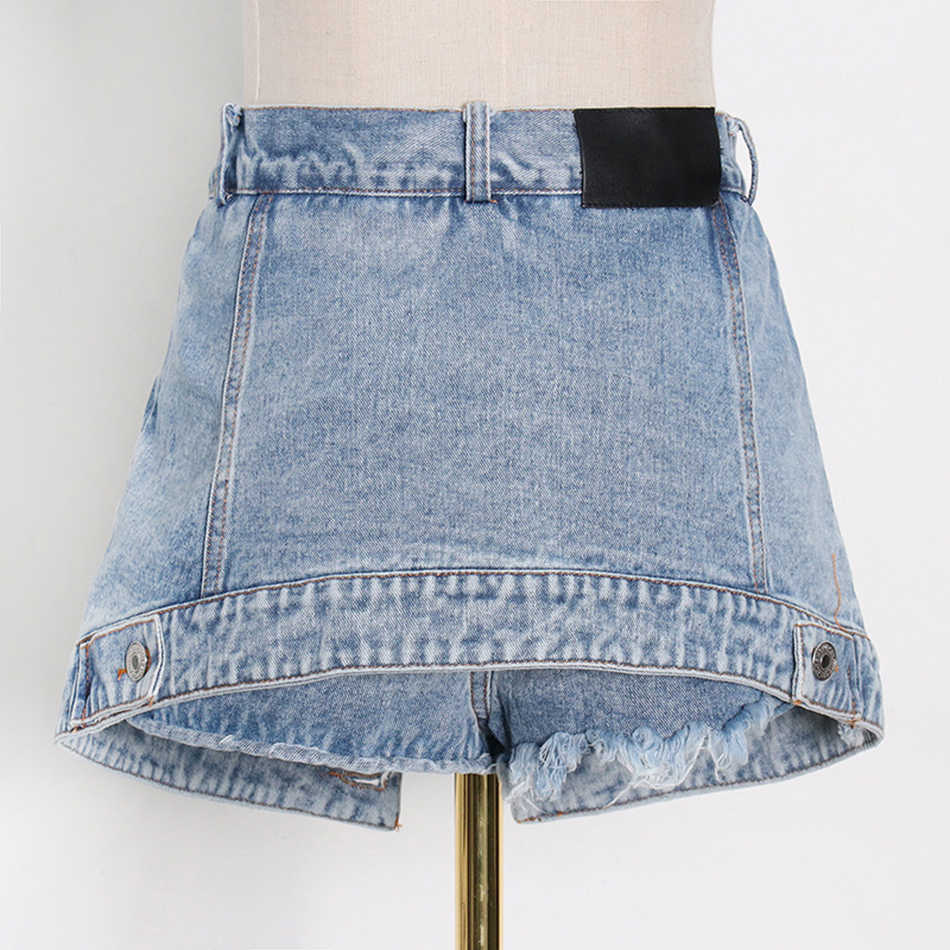 Summer A-Line Casual Button Fringed Shorts Female High Waist Mini Denim Skirt Fashion Trendy 210525