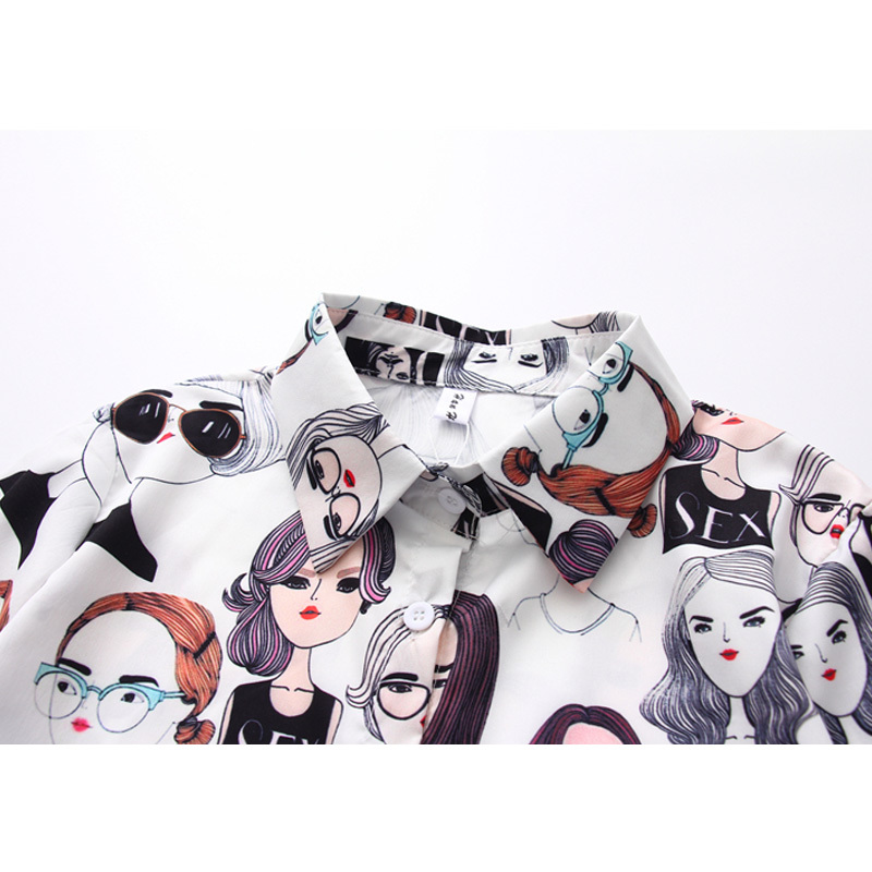 Loose Blouses Cute Cartoon Shirts Women Tops Korean Style Vintage Beauty Print Long Sleeve Blouse POLO Collar Shirt 6712 50 210508