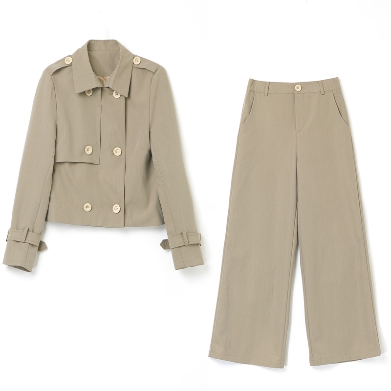 Autumn Fashion Office Two Piece Sets Suits Women Double-breasted Coat + Wide Leg Pants Outfits Workwear Ladies Femme 210514