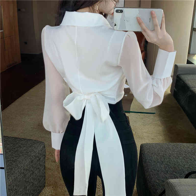 Spring Elegant Chiffon Bow Blouses Women Korean Style White Turn Down Collar Shirts OL Office Wear Work Chic Tops Female 210519