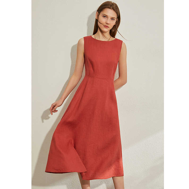 Minimalism Spring Summer Vintage Solid Sleeveless Women Dress Causal Lady High Waist Oneck Belt Female 12030124 210527