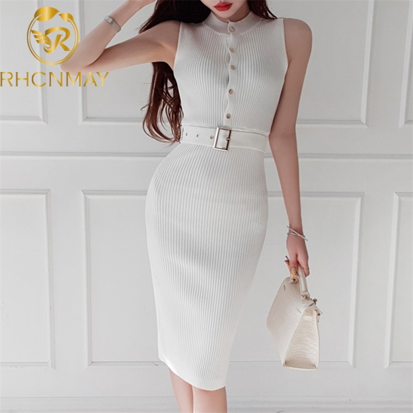 Elegant Slim Simple Stretch Knitting Dress Summer Women's es Sleeveless Single Breasted Belt Pencil 210506