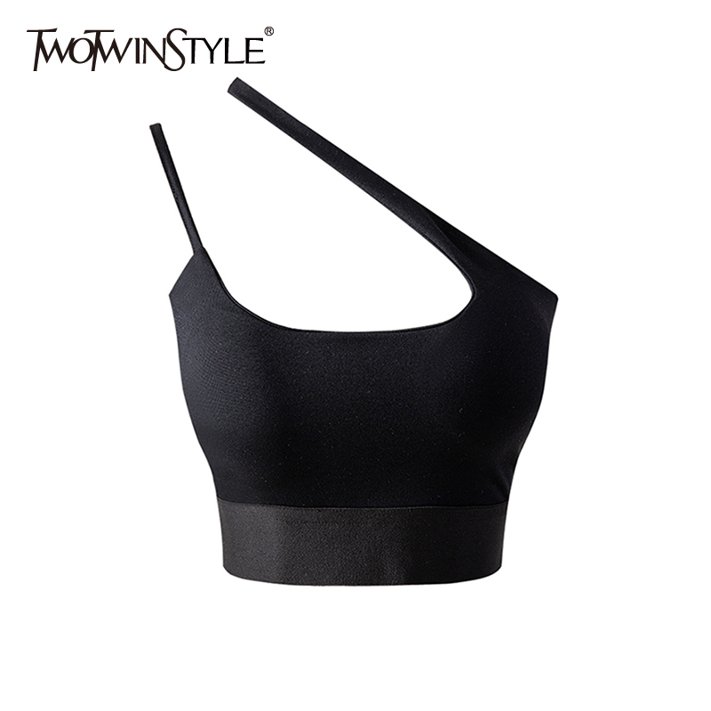 Casual Black Vest For Women Skew Collar Sleeveless Slim Minimalist Tank Top Female Summer Fashion Clothing 210524