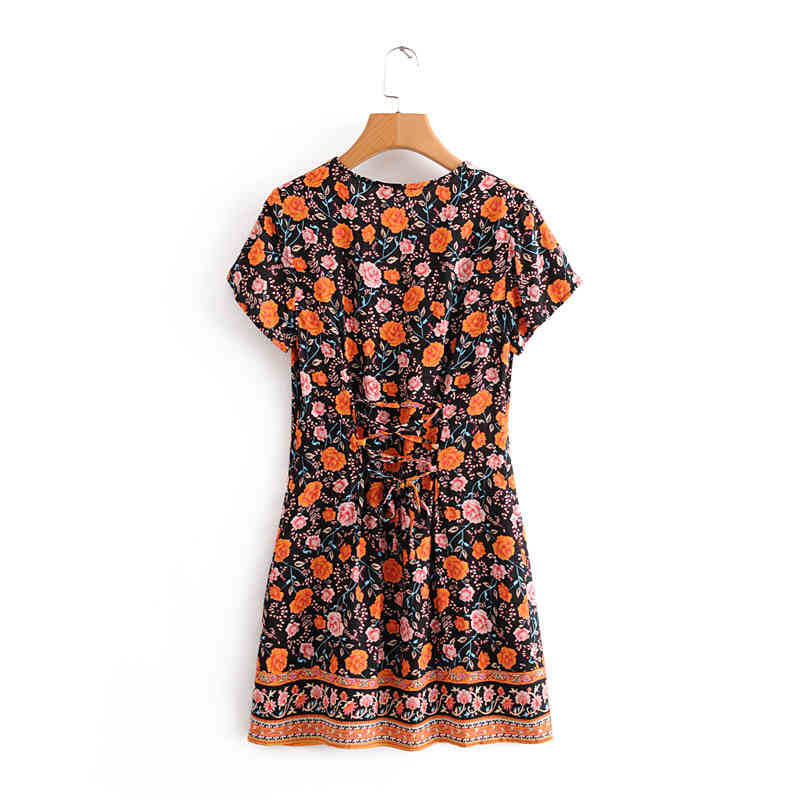 beauty Fashion Boho Style Rose Print Midi Dress Women Holiday Chic Short Sleeve Mini Dresses Vestido De Moda 210514