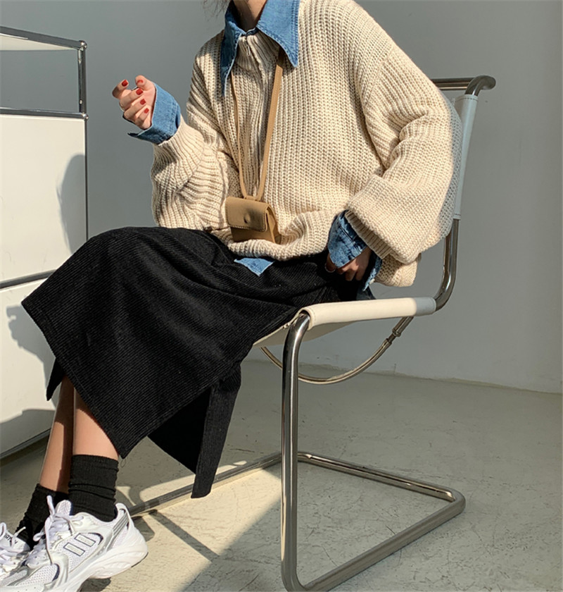 Spring Autumn Elastic High Waist Vintage Split Corduroy Bottoming Skirt Female OL Elegant Solid Long Skirts Womens 210421